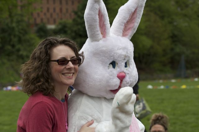 Rebecca with THE Easter Bunny at the 2014 Ravenna-Eckstein Community Center Spring Egg Hunt.